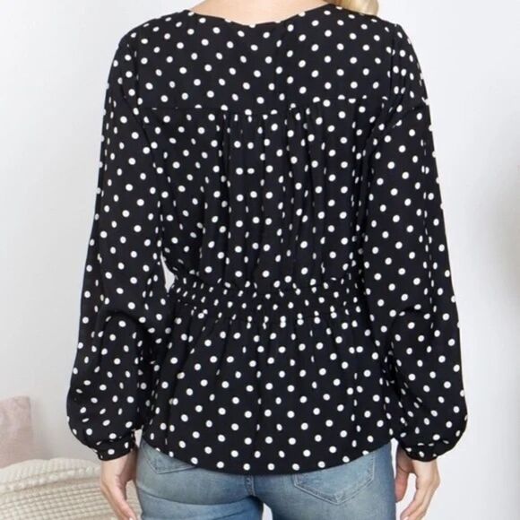 Black V-Neck Long Sleeve Blouse with White Polka Dots - Picture 4 of 5